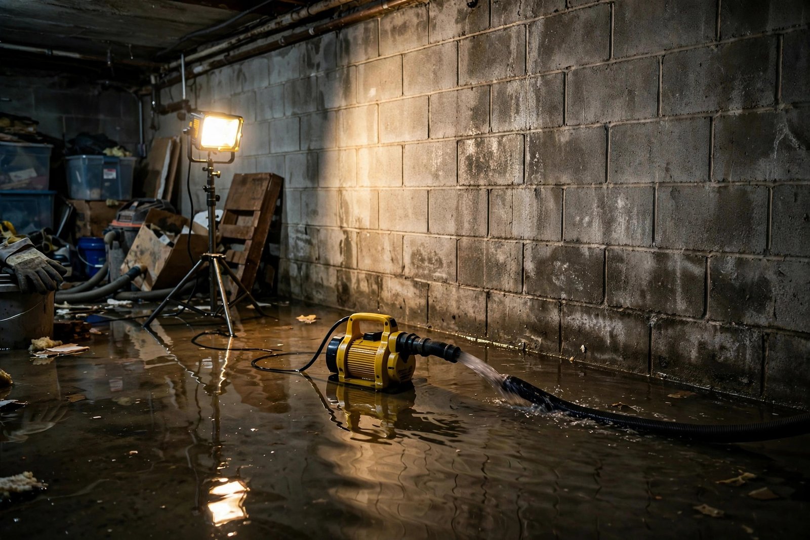 Submersible pump removing water from a flooded basement in Columbia, SC