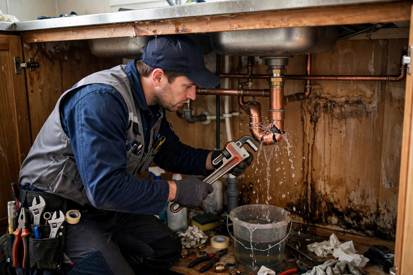 Plumber repairing a burst copper water pipe under a kitchen sink in Columbia, SC