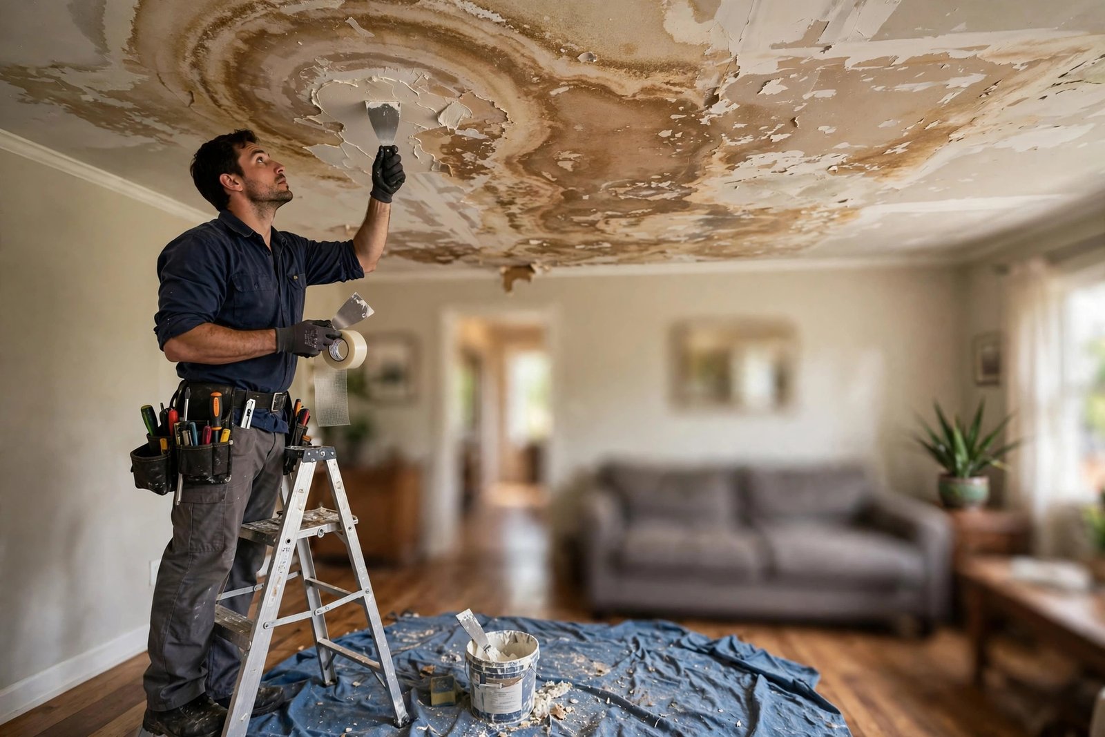 Technician repairing a water-damaged ceiling in a Columbia, SC home