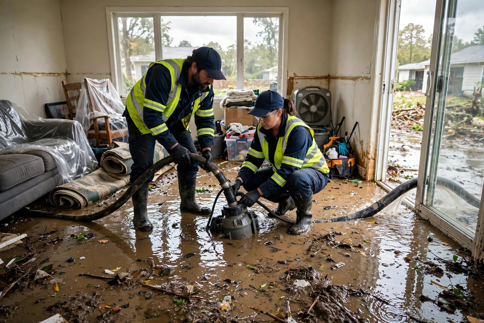 Restoration crew cleaning up a flooded home interior in Columbia, SC