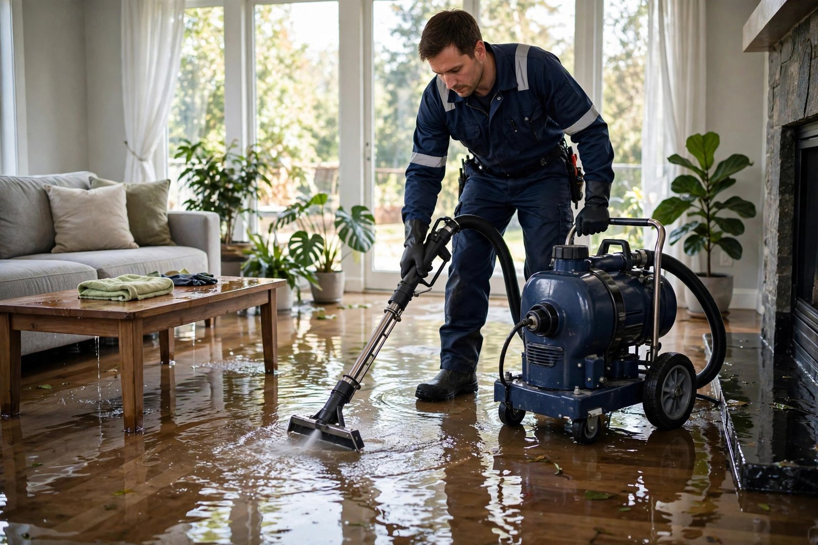 Water damage restoration technician extracting flood water from a living room in Columbia, SC