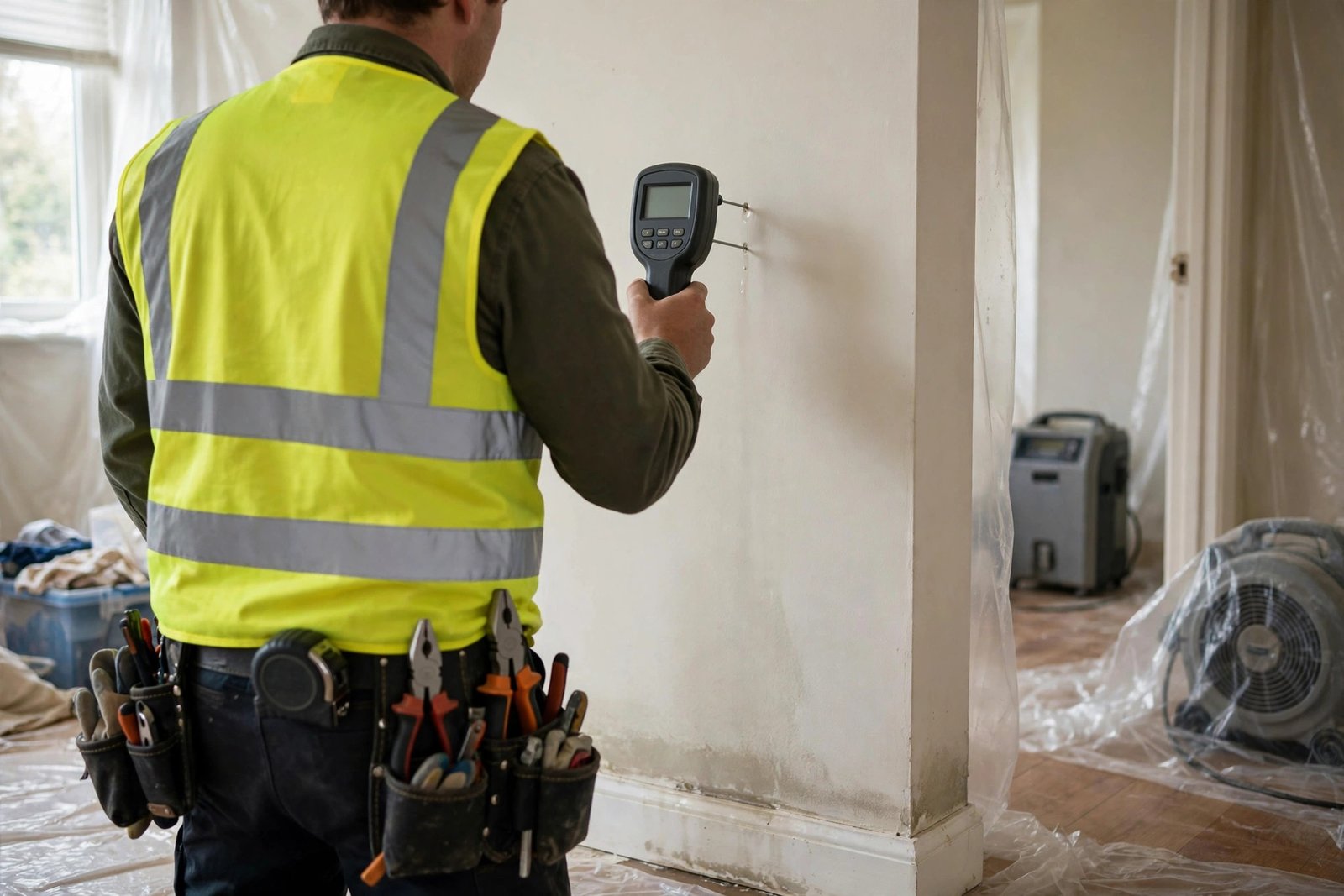 Illustrative photo of a technician checking a wall with a moisture meter in Columbia, SC