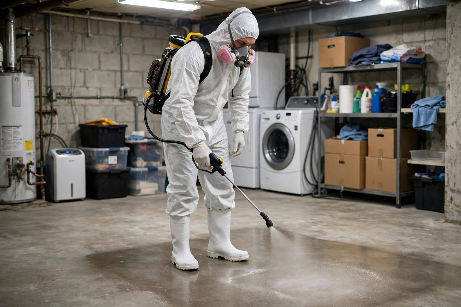 Professional technician in protective gear sanitizing after a sewage backup in Columbia, SC