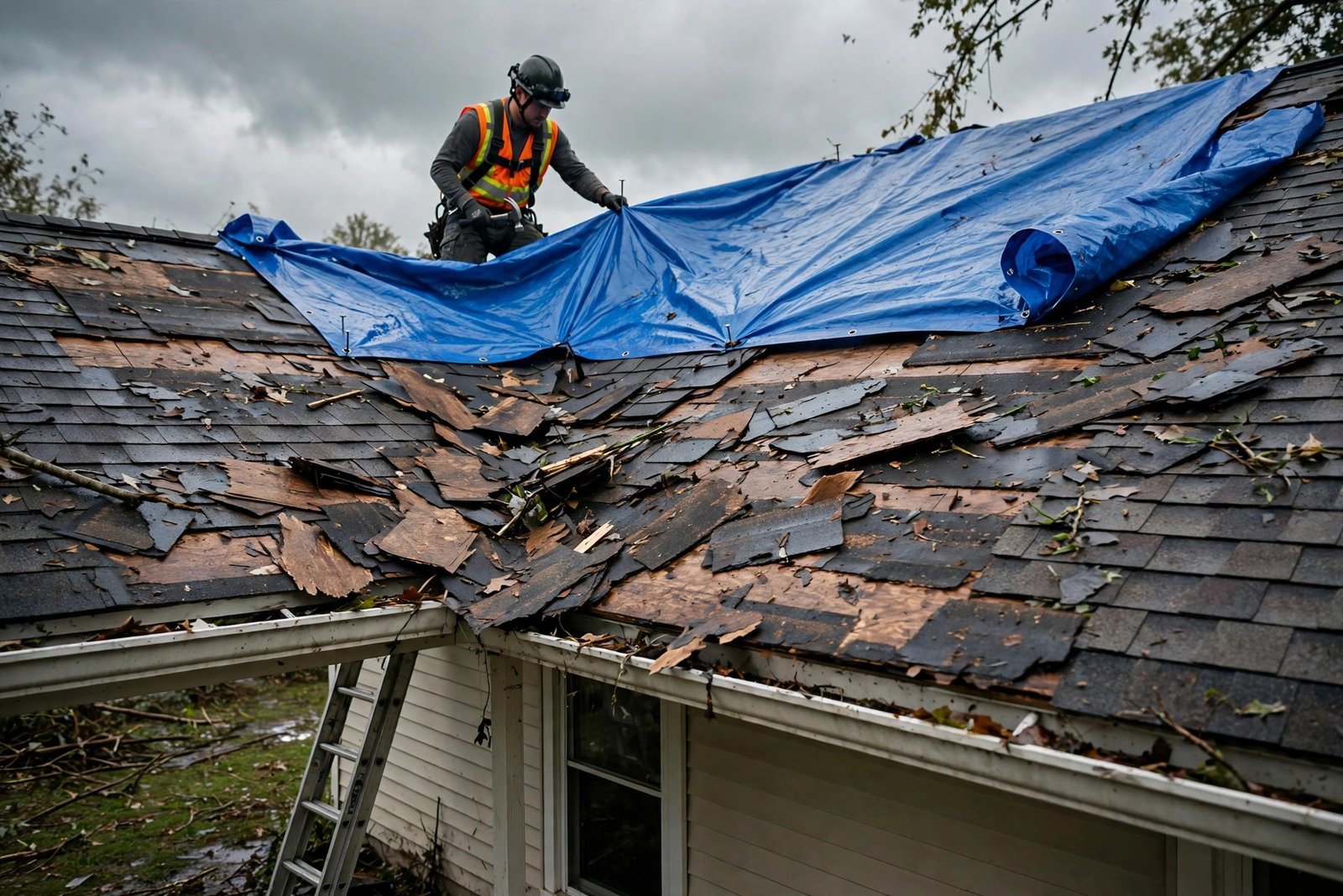 Worker installing emergency tarp on a storm-damaged roof in Columbia, SC