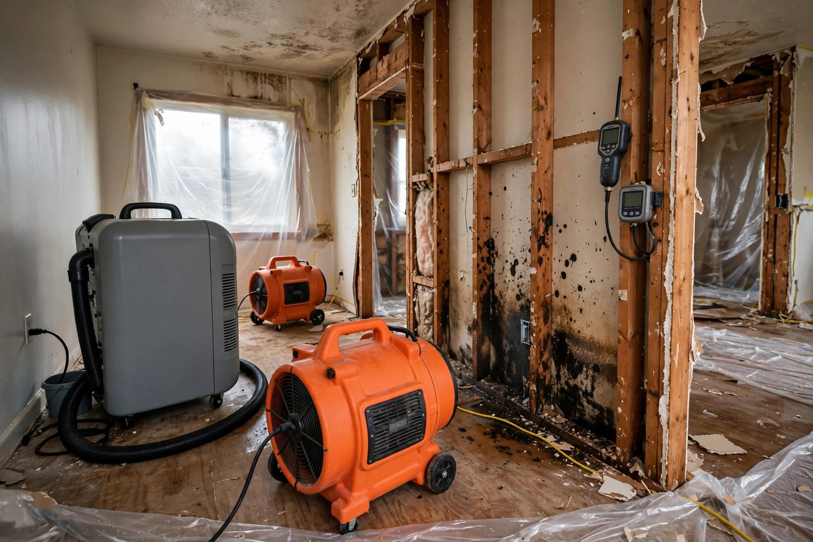 Industrial dehumidifier and air movers drying a water-damaged room in Columbia, SC